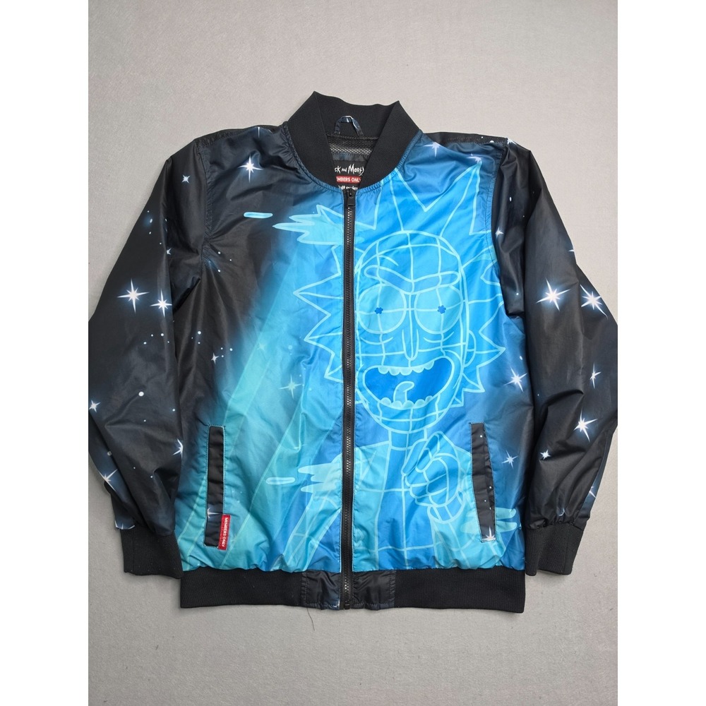 Members Only Rick And Morty Bomber Jacket Mens Small Blue Black Graphic Full Zip